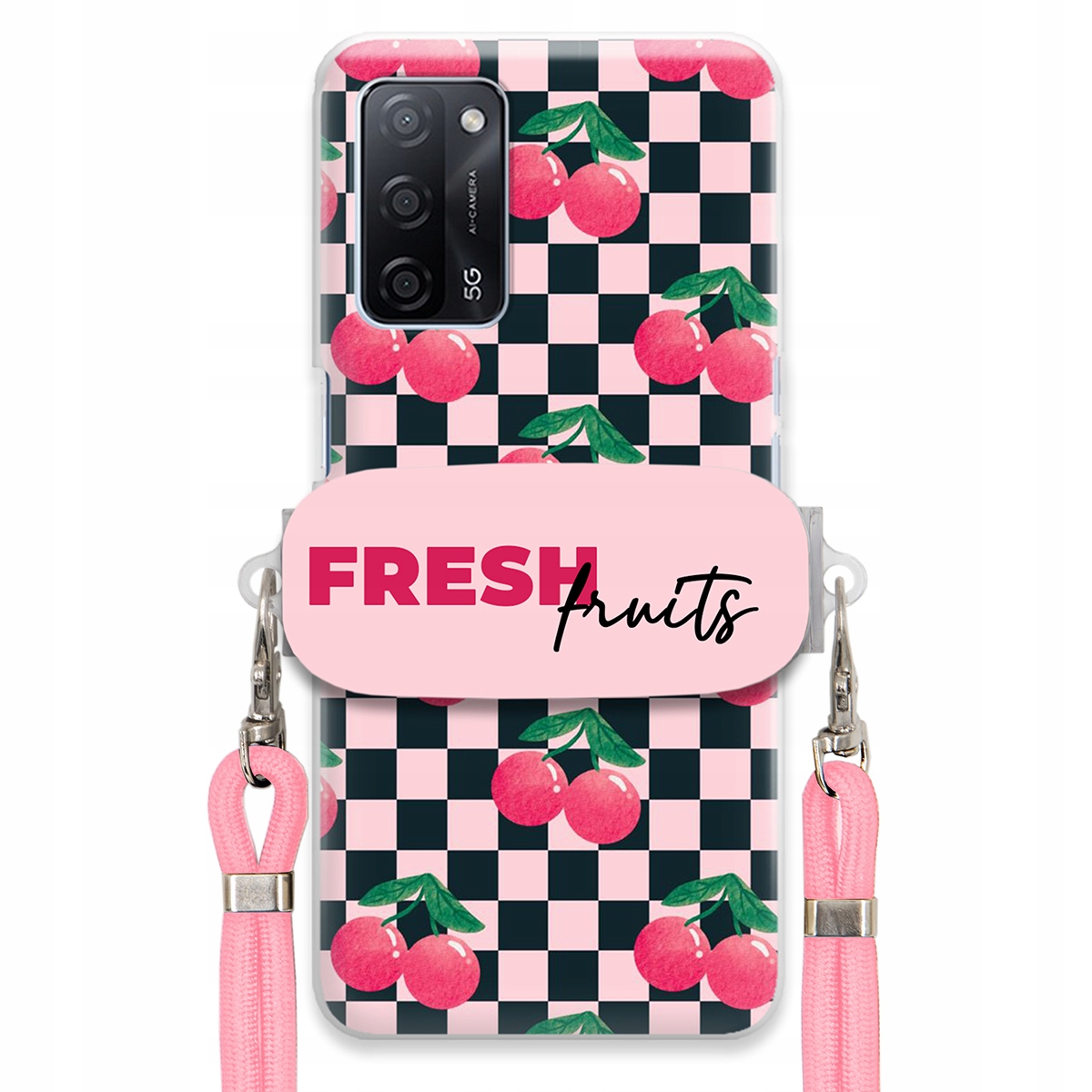 Pouzdro pro Oppo A55 5G Vodítko Pink Crossbody Držák Šachovnice Fresh Fruits