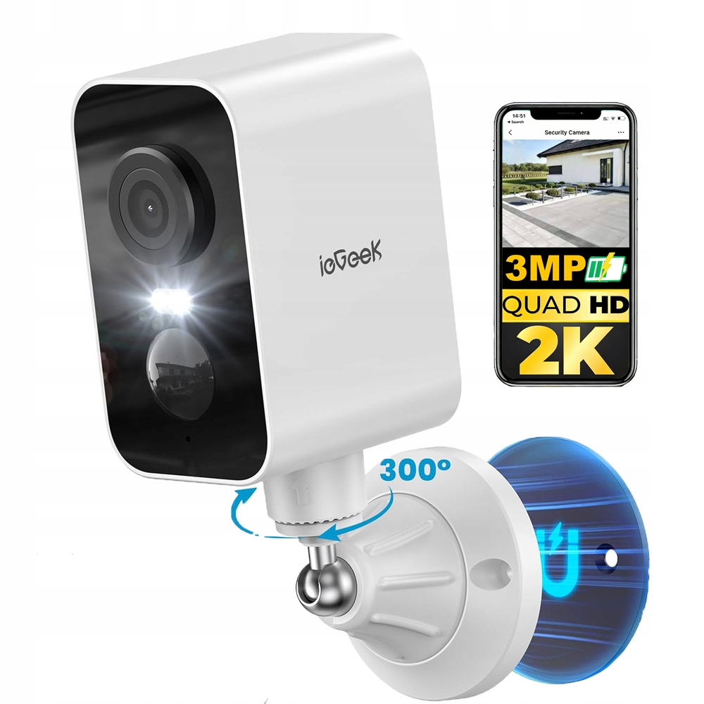 2K kamera pro venkovní monitorování s akumulátorem, magnetická montáž