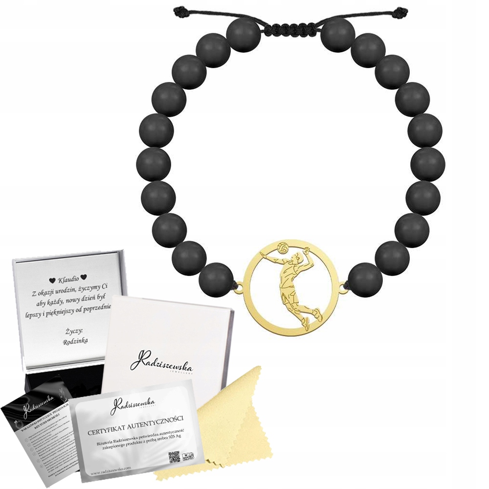 Pánský náramek Zlatý volejbalista Perly Šňůra 925 Gravírování Přání Bonus