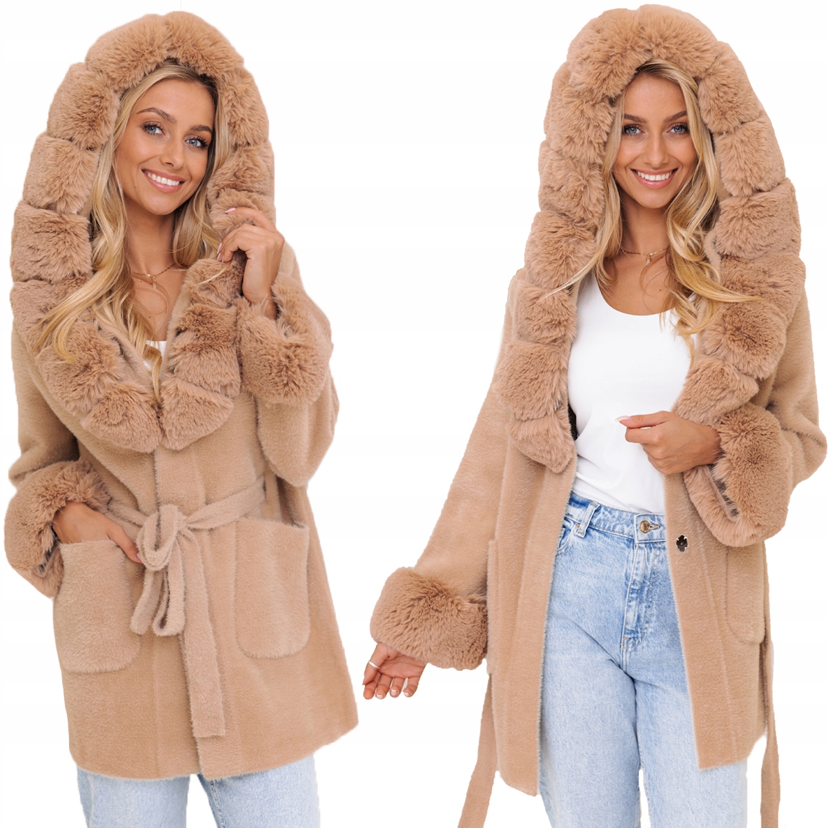 Měkká Alpaka S Kožíškem Kabát alpaka S Páskem Světlý Camel