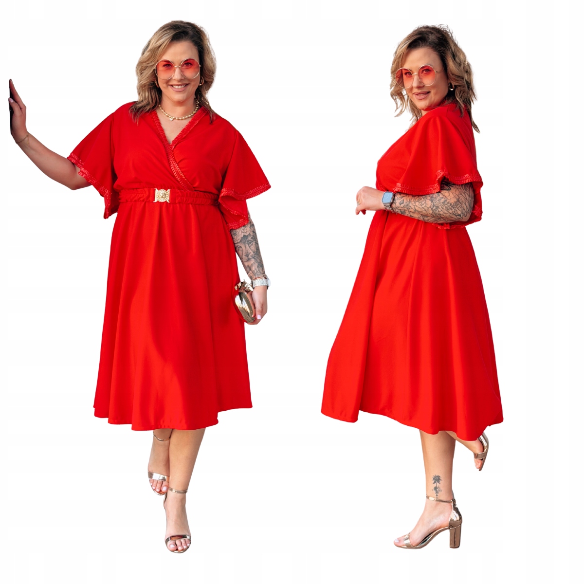 Šaty Velké velikosti Plus Size Midi s páskem Dámská Cavaricci Červená