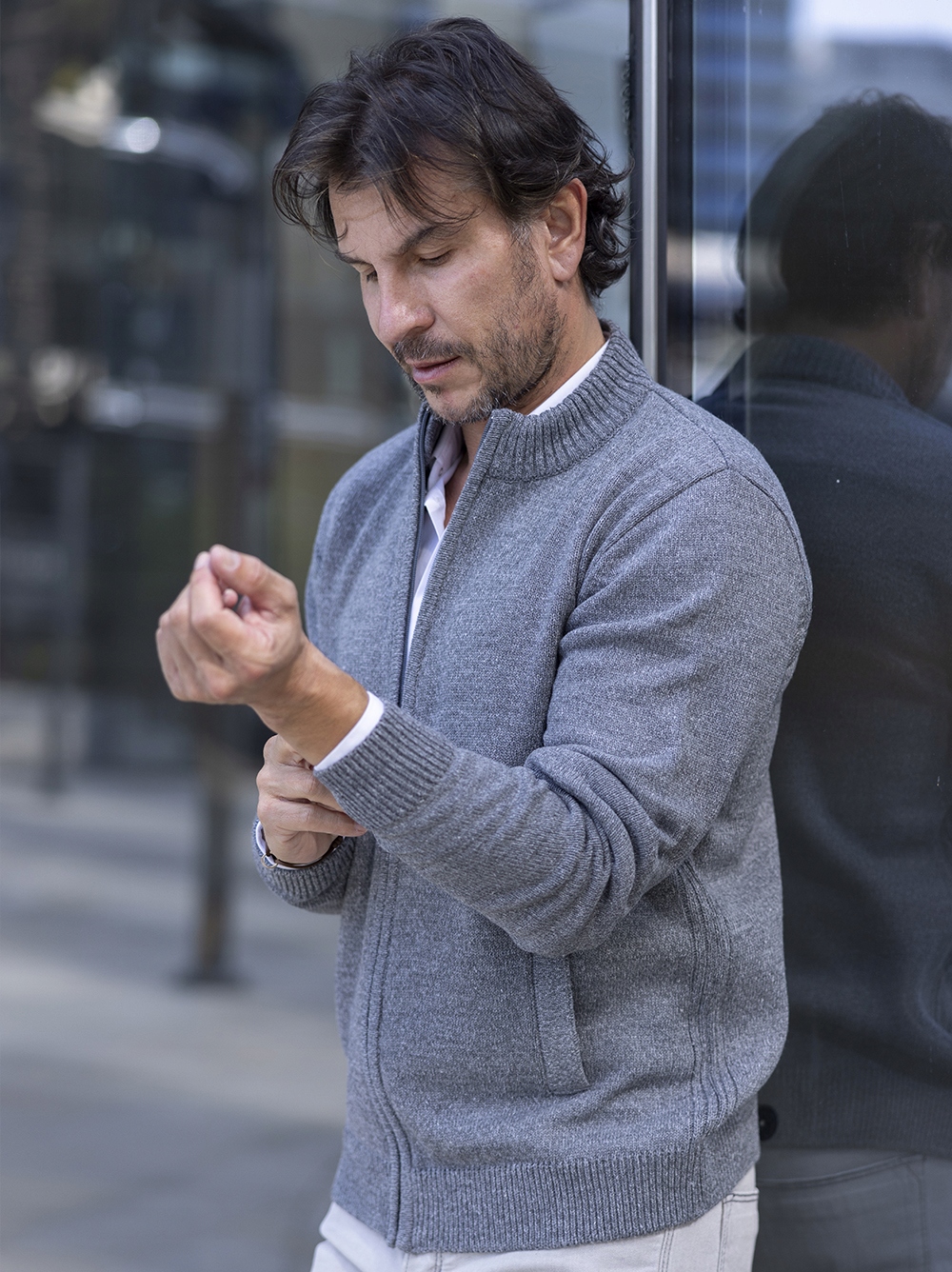 SWETER MĘSKI ROZPINANY NA ZAMEK Z KIESZENIAMI - POPIEL - M Marka inna