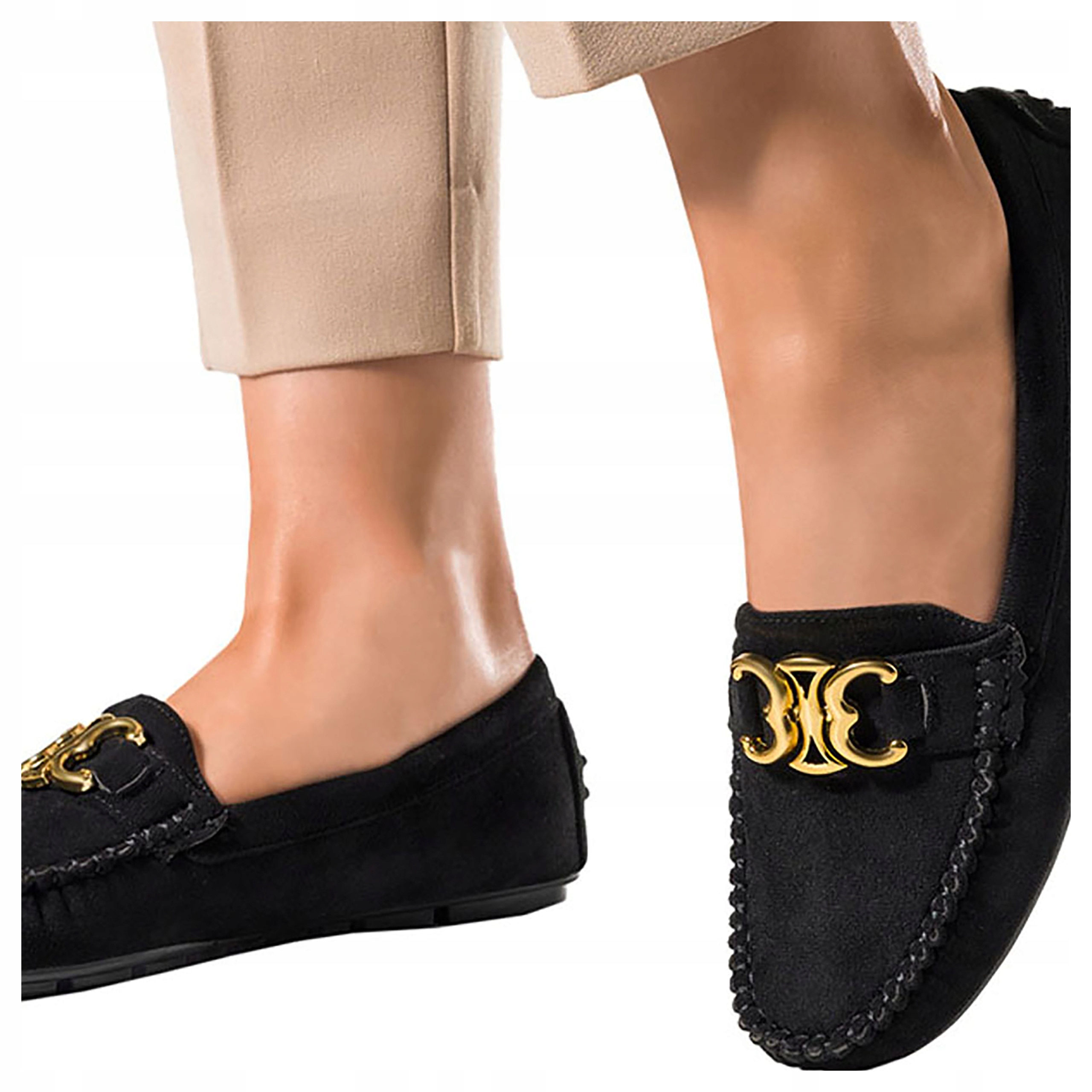 DAMSKIE MOKASYNY CZARNE PŁASKIE MODNA OZDOBA LEKKIE PÓŁBUTY WSUWANE r 40