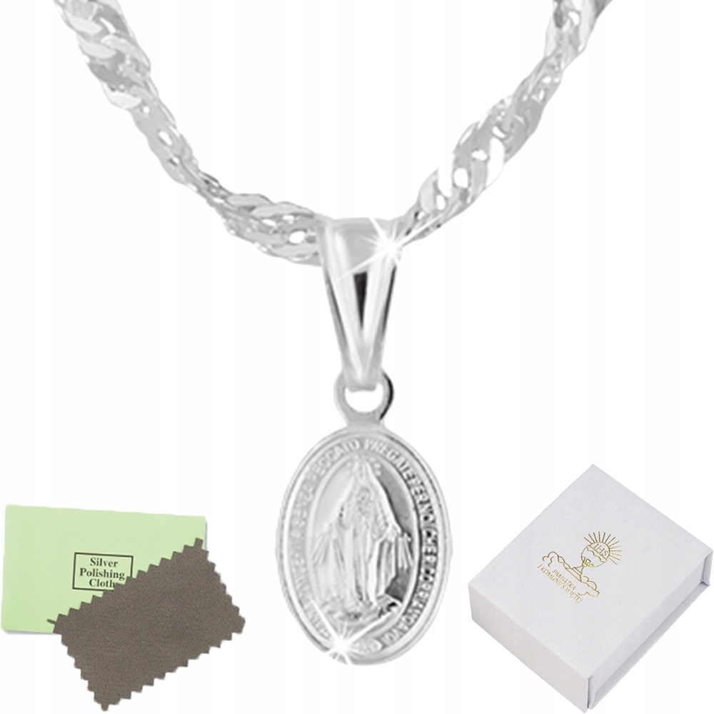 ŁAŃCUSZEK SREBRNY MEDALIK KOMUNIJNY MATKA BOSKA NA KOMUNIĘ NA CHRZEST Marka Mennica Bydgoska