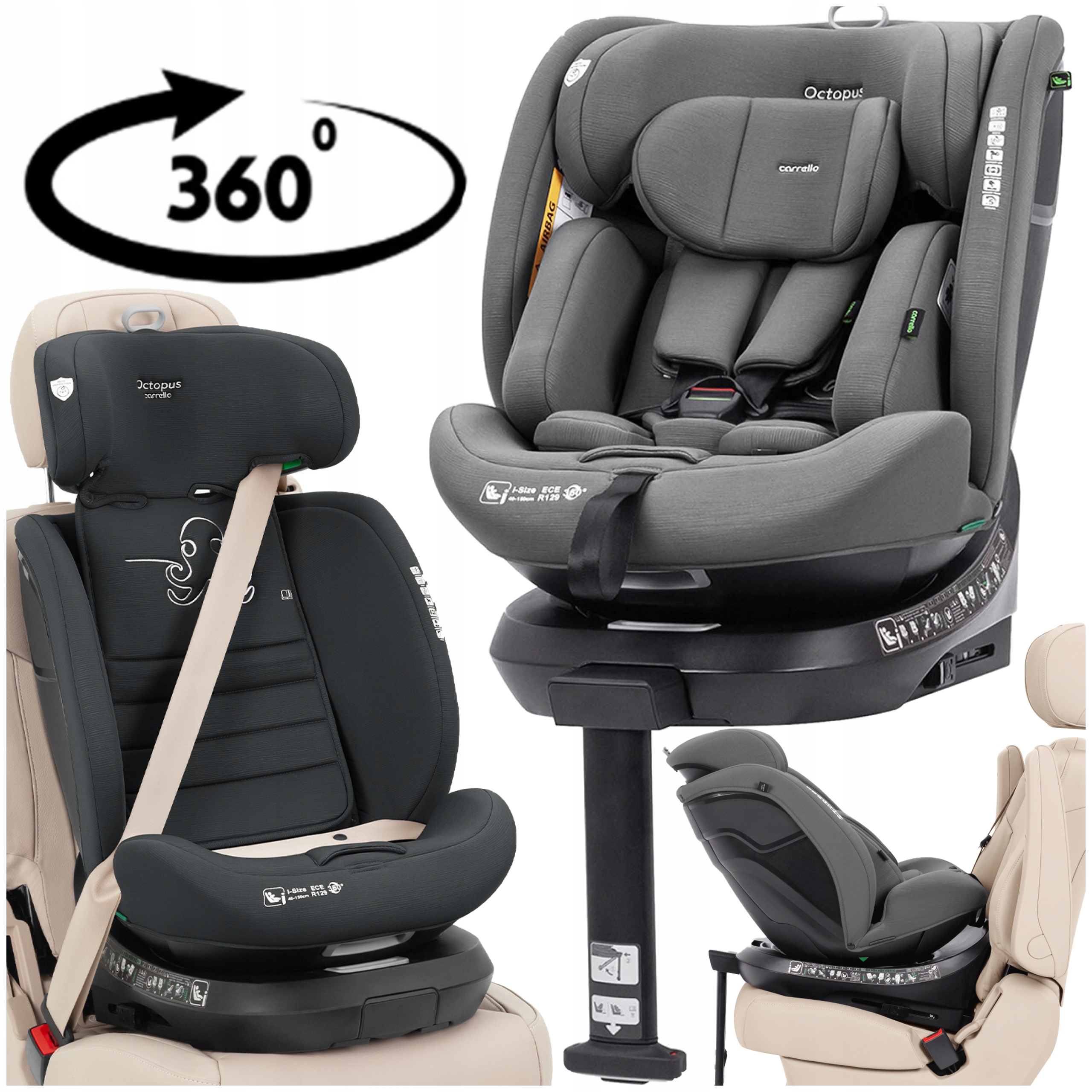 Carrello Octopus fotelik 0-36 kg 40-150c m obrotowy 360° isofix, Grey