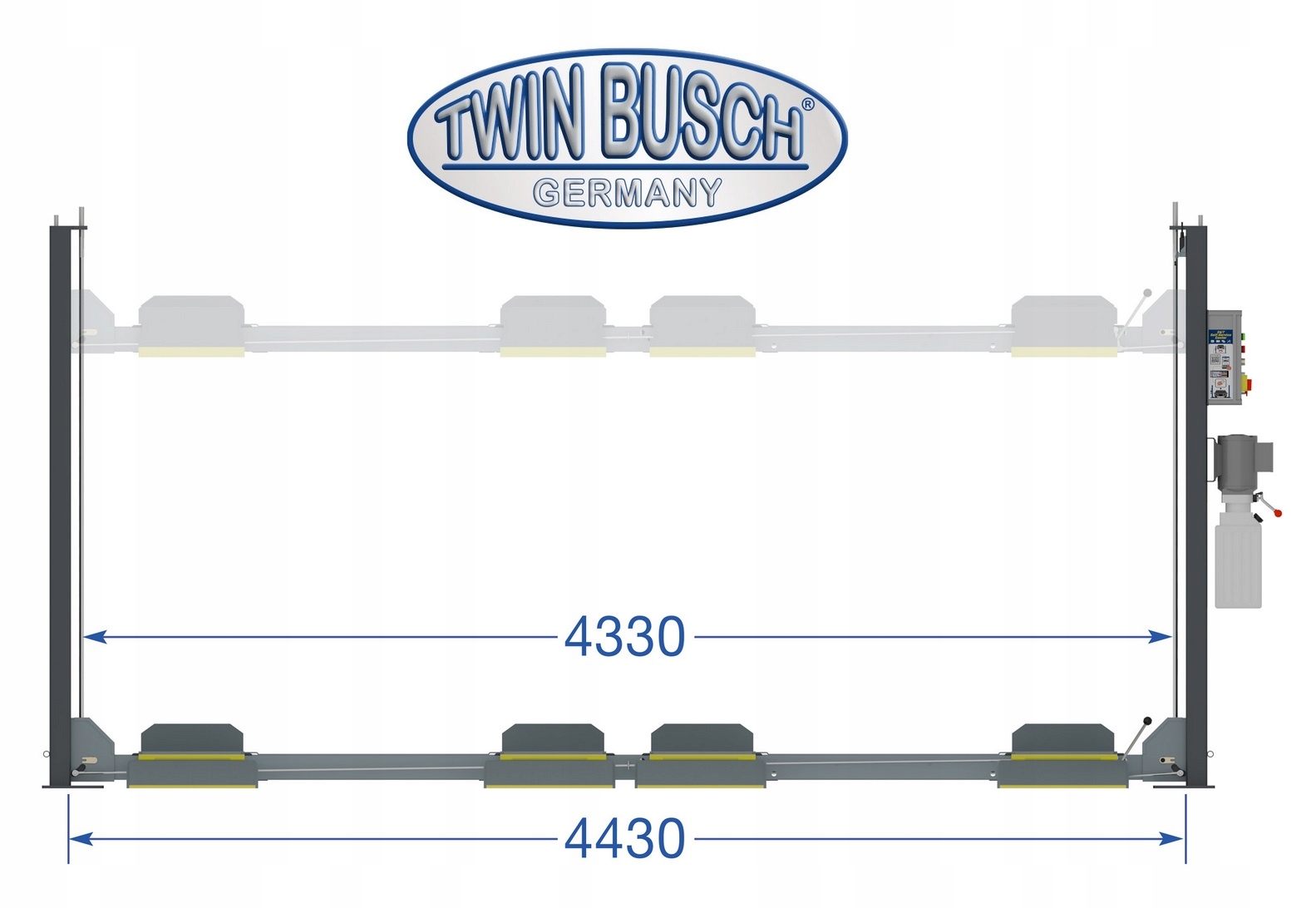 TECHWAR PODNOŚNIK PARKINGOWY TWIN BUSCH TW 436 P-D2 2 STANOWISKA NIEBIESKI Napęd elektrohydrauliczny