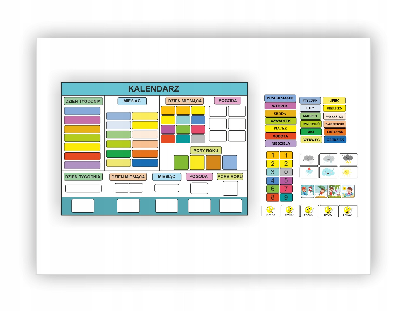 

Kalendarz kolorowy pogody z naklejonym rzepem
