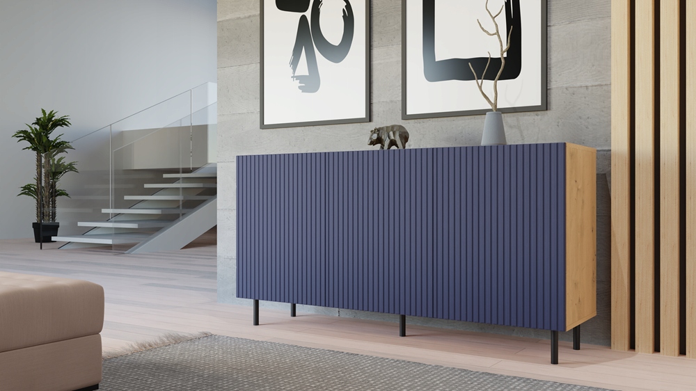 KOMODA 150 cm SZAFKA NOWOCZESNA POJEMNA PÓŁKI DRZWI LAMELE ARTISAN GRANAT Kolor mebla dąb artisan odcienie granatowego