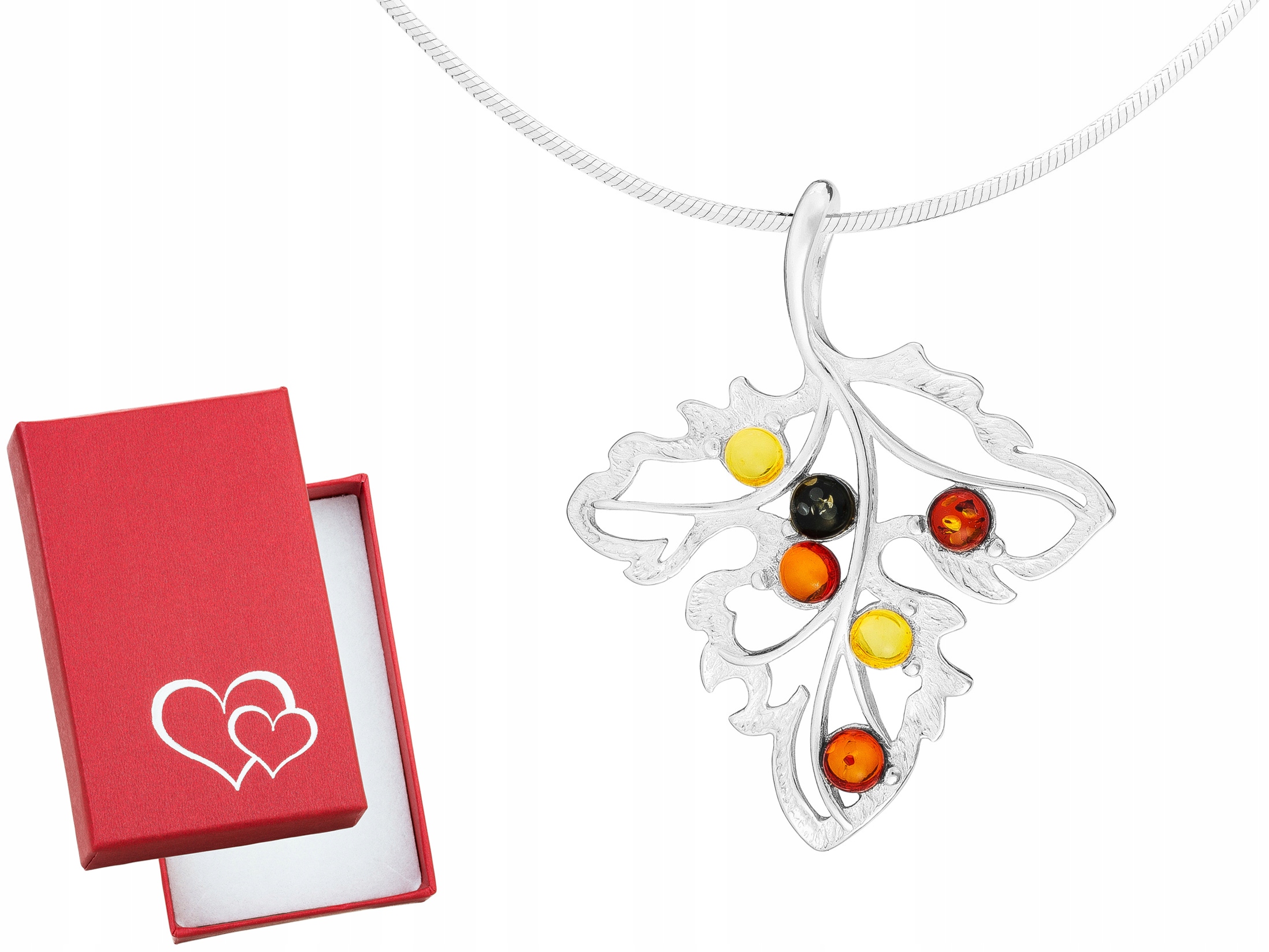 Dlouhý stříbrný dámský barevný náhrdelník s listy jantaru a lístkem Stříbro 50