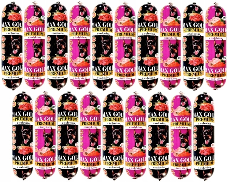 Levně Krmivo pro psa, mokrá tyčinka Max Gold 90% masa, mix chutí 1 kg 19 kusů