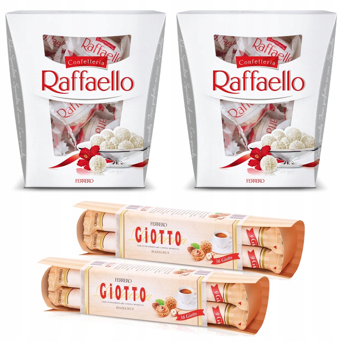 Praliny Ferrero Raffaello 2x230g, Giotto 2x154,8g z nadzieniem orzechy