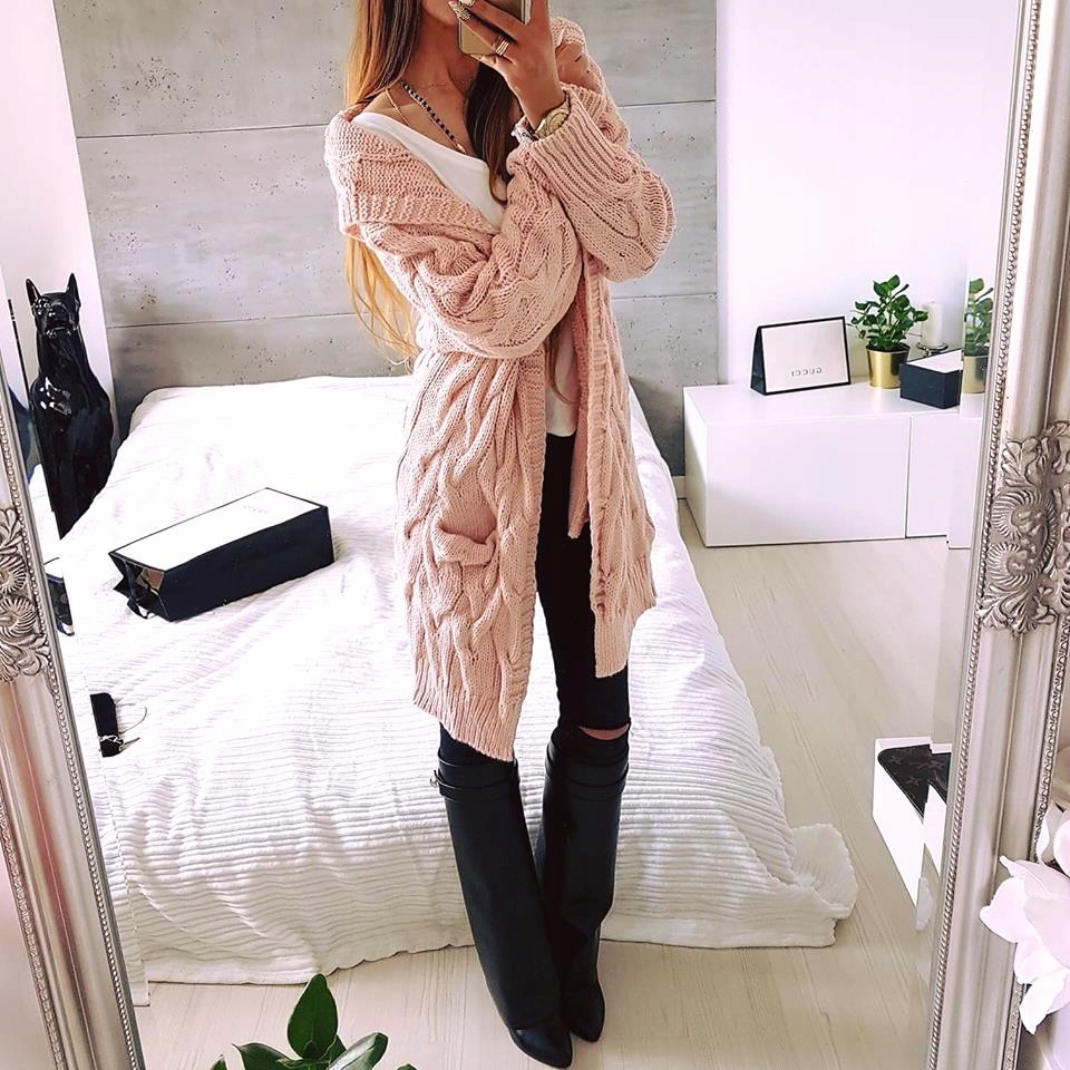 KARDIGAN Z KAPTUREM BLOGERSKI KIESZENIE JASNY RÓŻ Marka inna