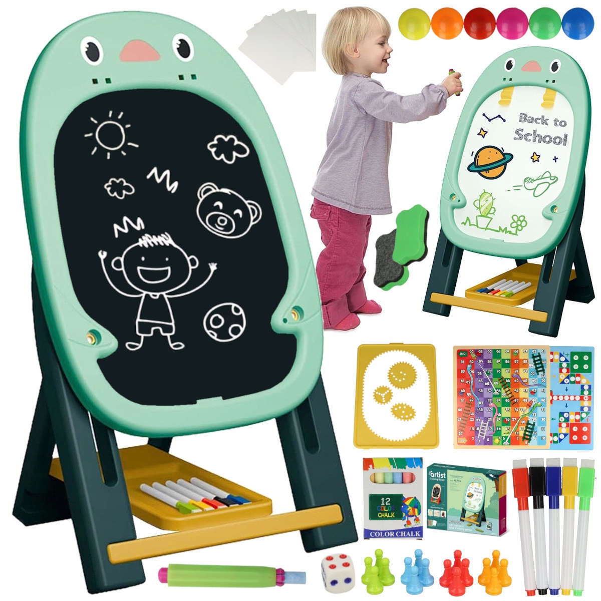 Tablica EDUKACYJNA 2w1 Magnetyczna Kredowa Stojąca + Akcesoria Gry Gąbka