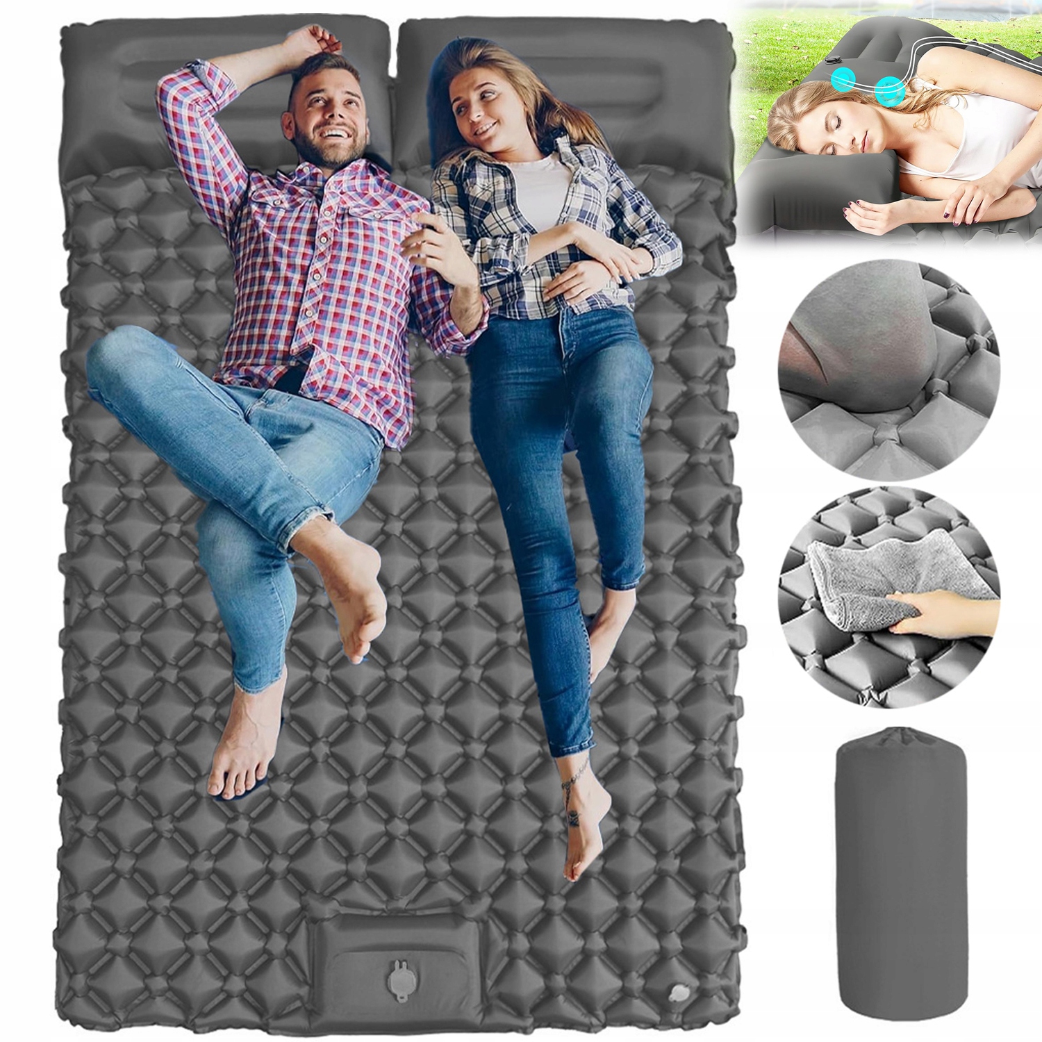 Materac Dwuosobowy Mata Turystyczna Składany Dmuchany Z Poduszką 200X120CM