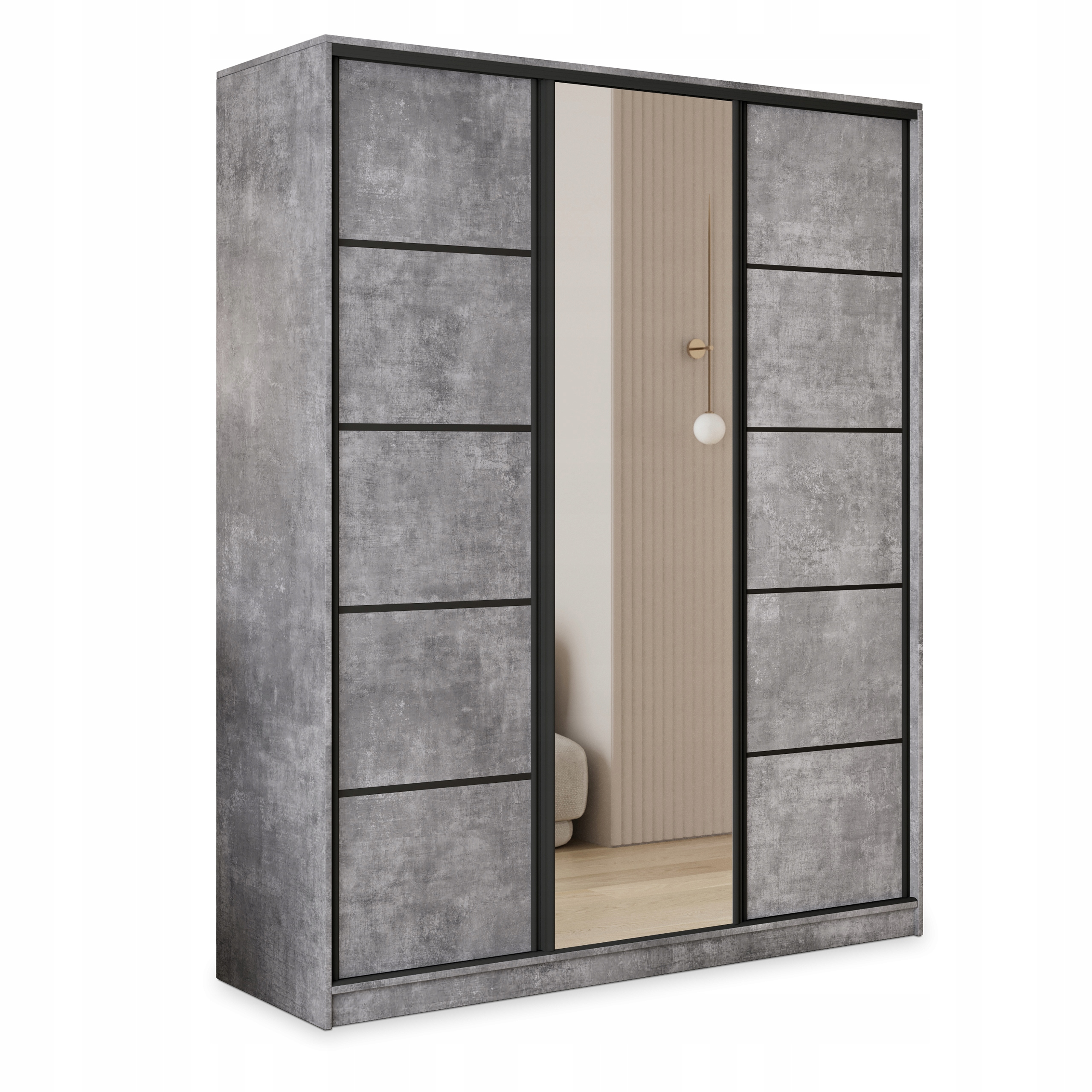 Skříň Posuvná Pina 150 cm se zrcadlem Zásuvky Třídveřová Beton světlý