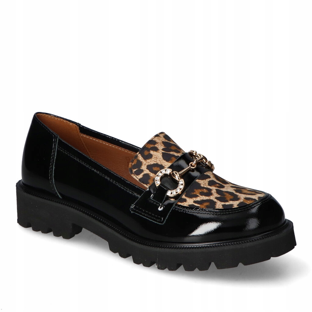Dámské mokasíny Gamis Černé Lak+Panterka Kožené s ozdobou 36
