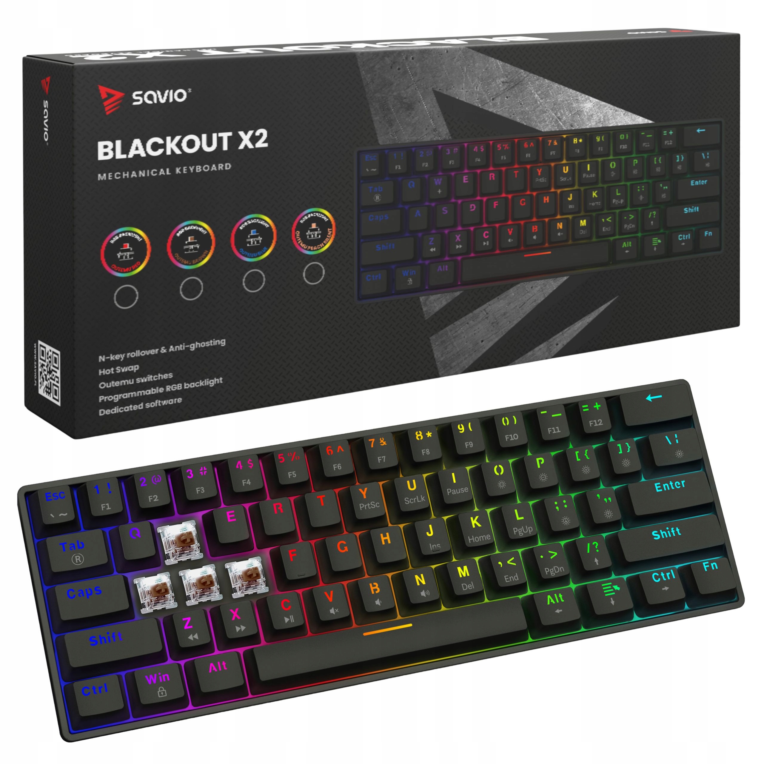 Klawiatura mechaniczna Usb 60% Savio Blackout X2 Outemu Brown Hot Swap Rgb