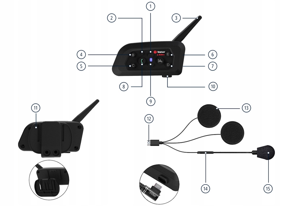 2 INTERKOM MOTOCYKLOWY V6 PRO USB-C 2024 Bluetooth 5.1 na kask Montaż bazy na zaczep