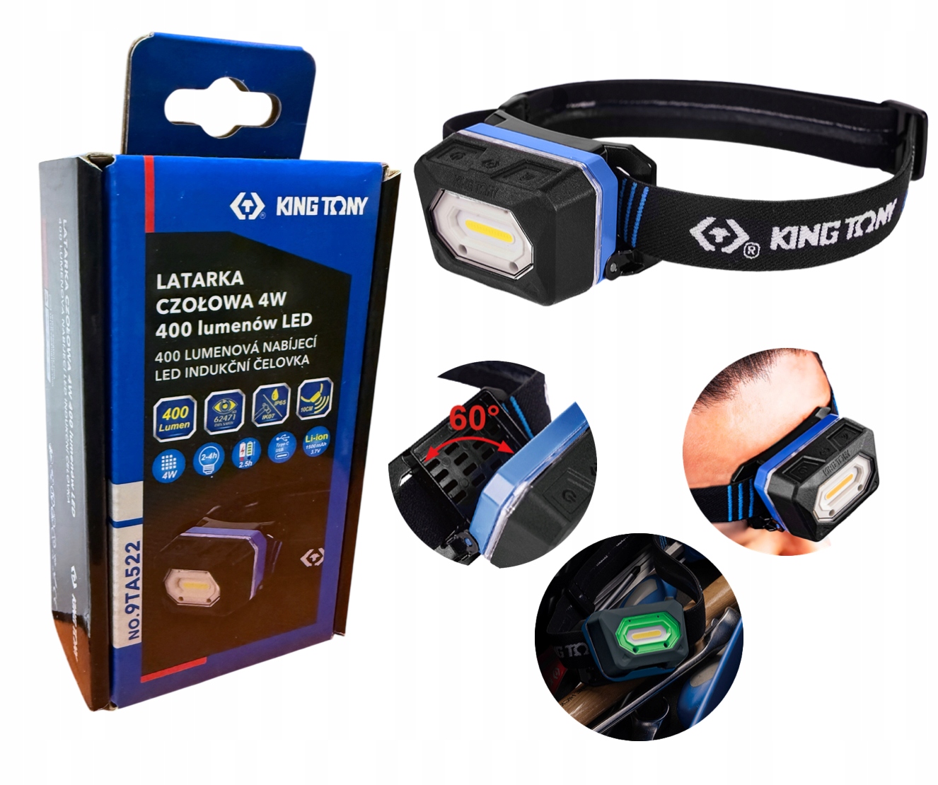 Latarka Czołowa 4W Cob Led King Tony kabel Usb C Czołówka