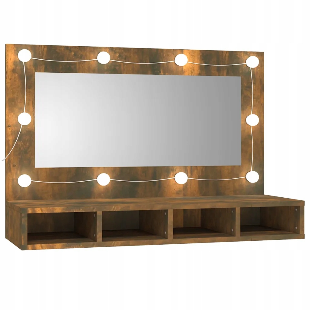 Skříňka se zrcadlem a Led osvětlením, kouřový dub, 90 x 31,5 x 62 cm