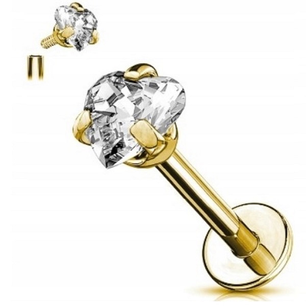 Labret Kolczyk do Ucha z Sercem Kryształek SS316L 1,2/8/3 mm
