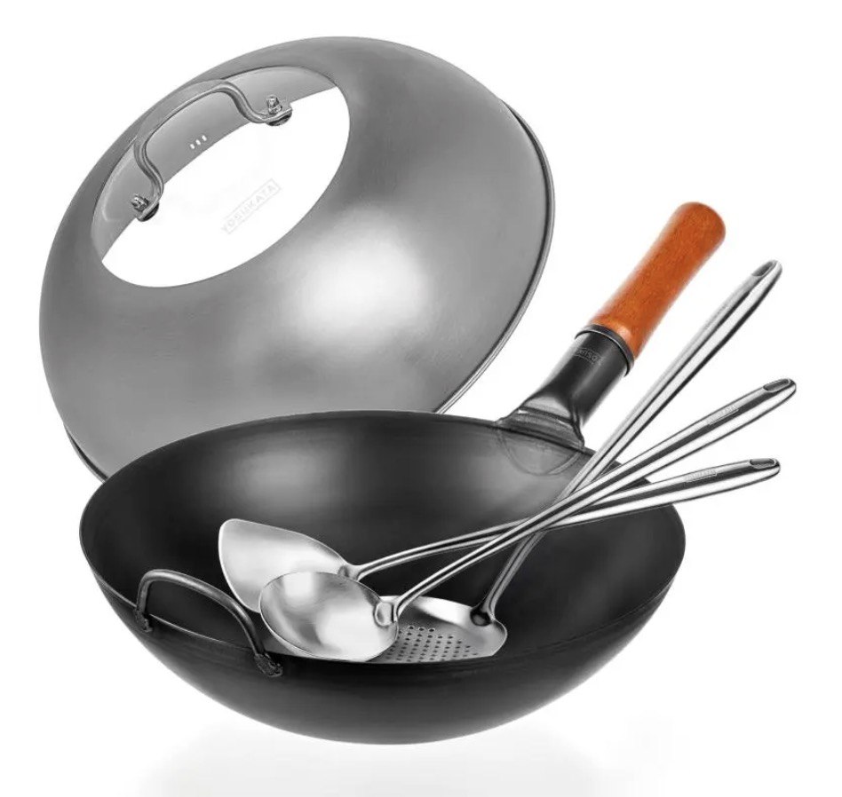 Yosukata Sada Wok 34 cm Uhlíková oceľ veko naberačka Cedník
