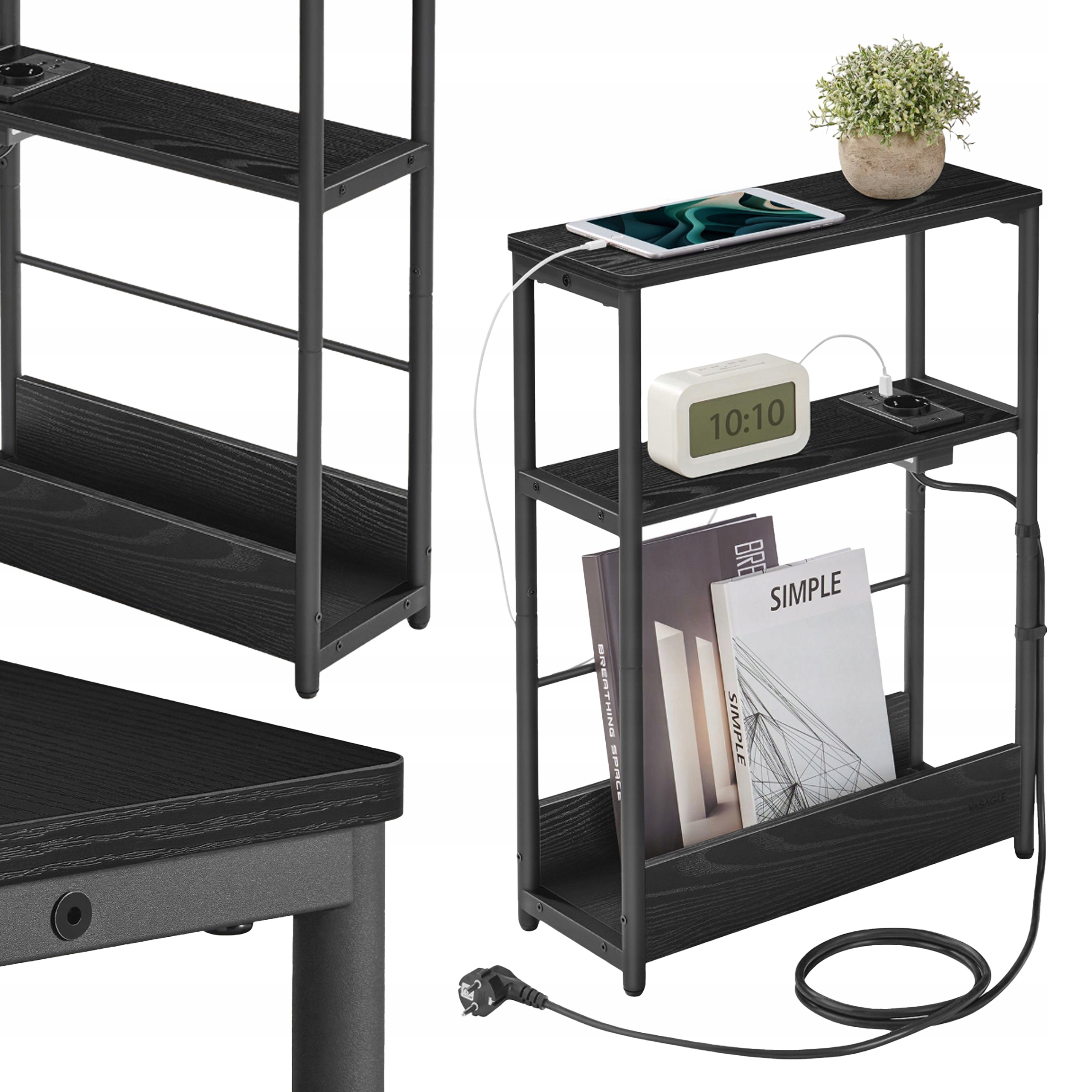 Noční Stolek Noční Stolek Do Ložnice Loft Černý S Napájecí Lištou 2 M