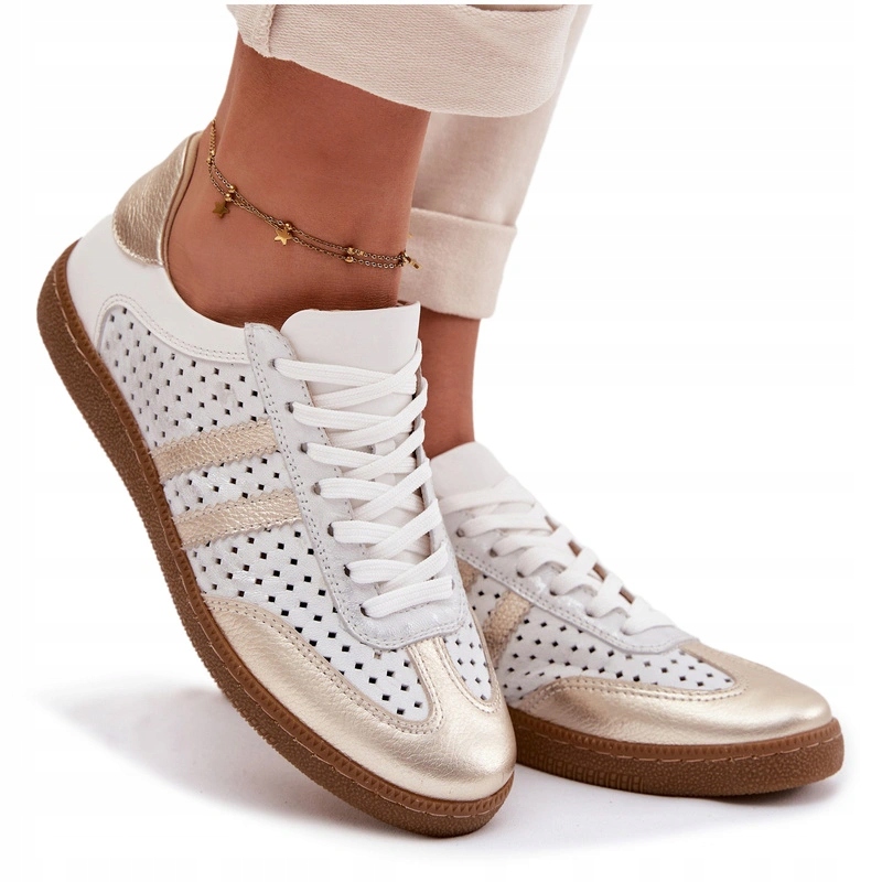 Dámské Nízké Kožené Ažurové Tenisky Zazoo N1318 Stříbrno-zlaté 36