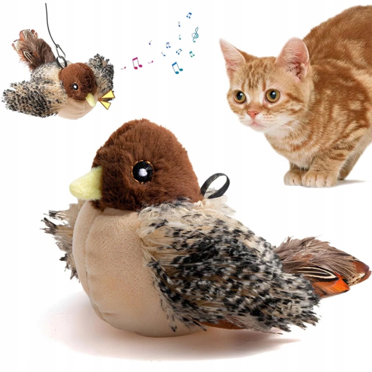 Levně Interaktivní hračka pro kočky – plyšový vrabec s ptáčky