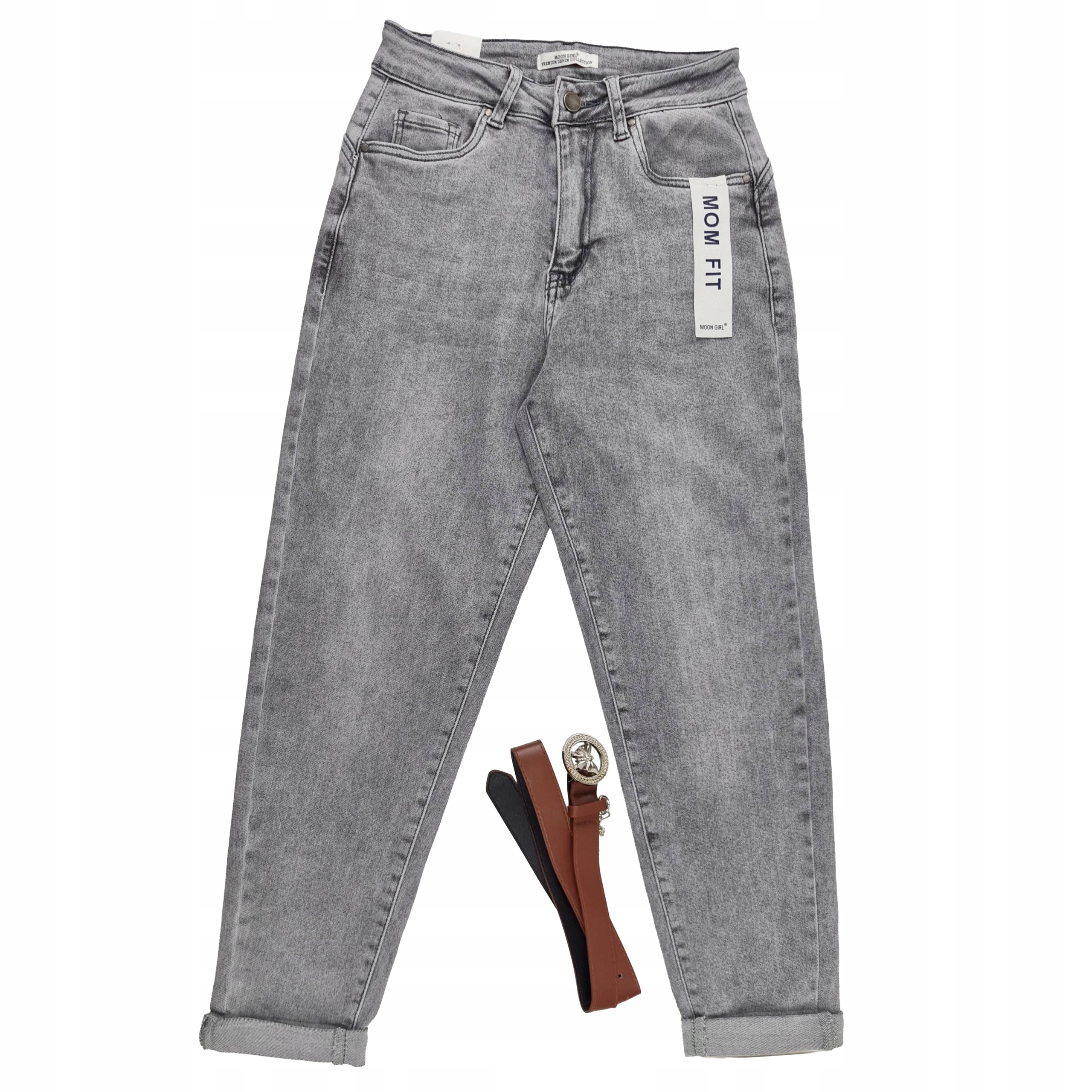 Damskie Spodnie Mom Fit Jeansy Wysoki Stan Luźne Nogawki Szare