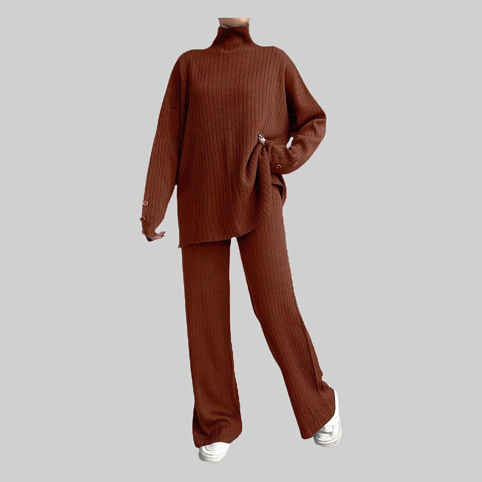 Komplet Dámský Svetr S Kalhotami Hnědý Žebrovaný Rolák Shein 3XL 46