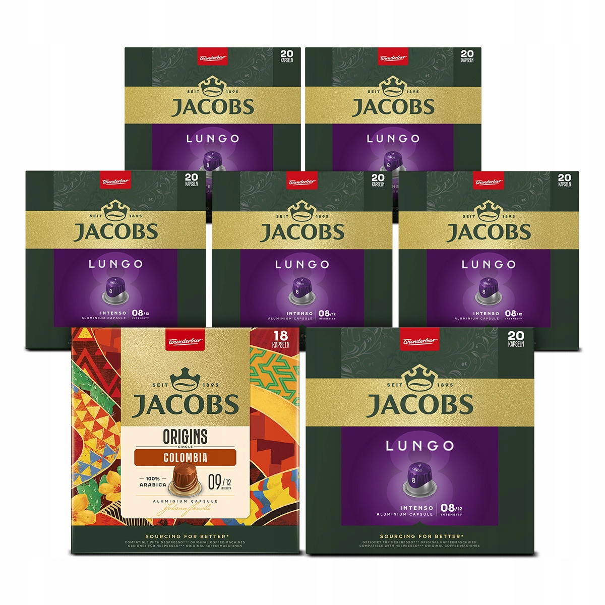 Kapsułki Jacobs Lungo 8, Origins Colombia 6+1 opakowanie Gratis! [138 kaw]