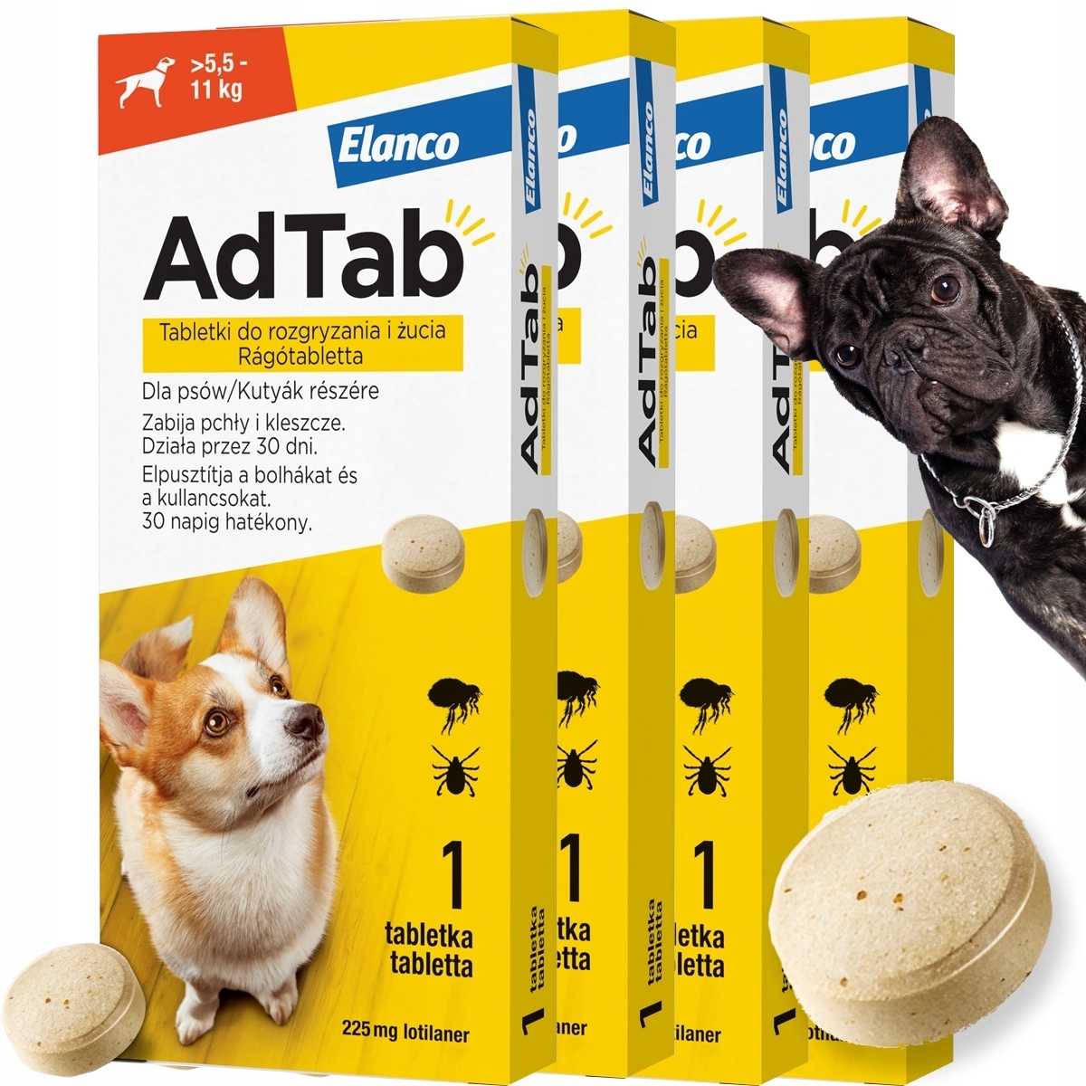 4 x Tabletka Ad tab dla Psa do 11 kg Kleszcze pasożyty Pchły na 120 dni