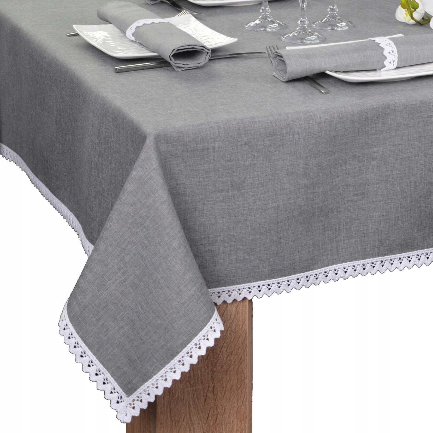 

plamoodporny obrus z koronką Malaga 350x140 popiel