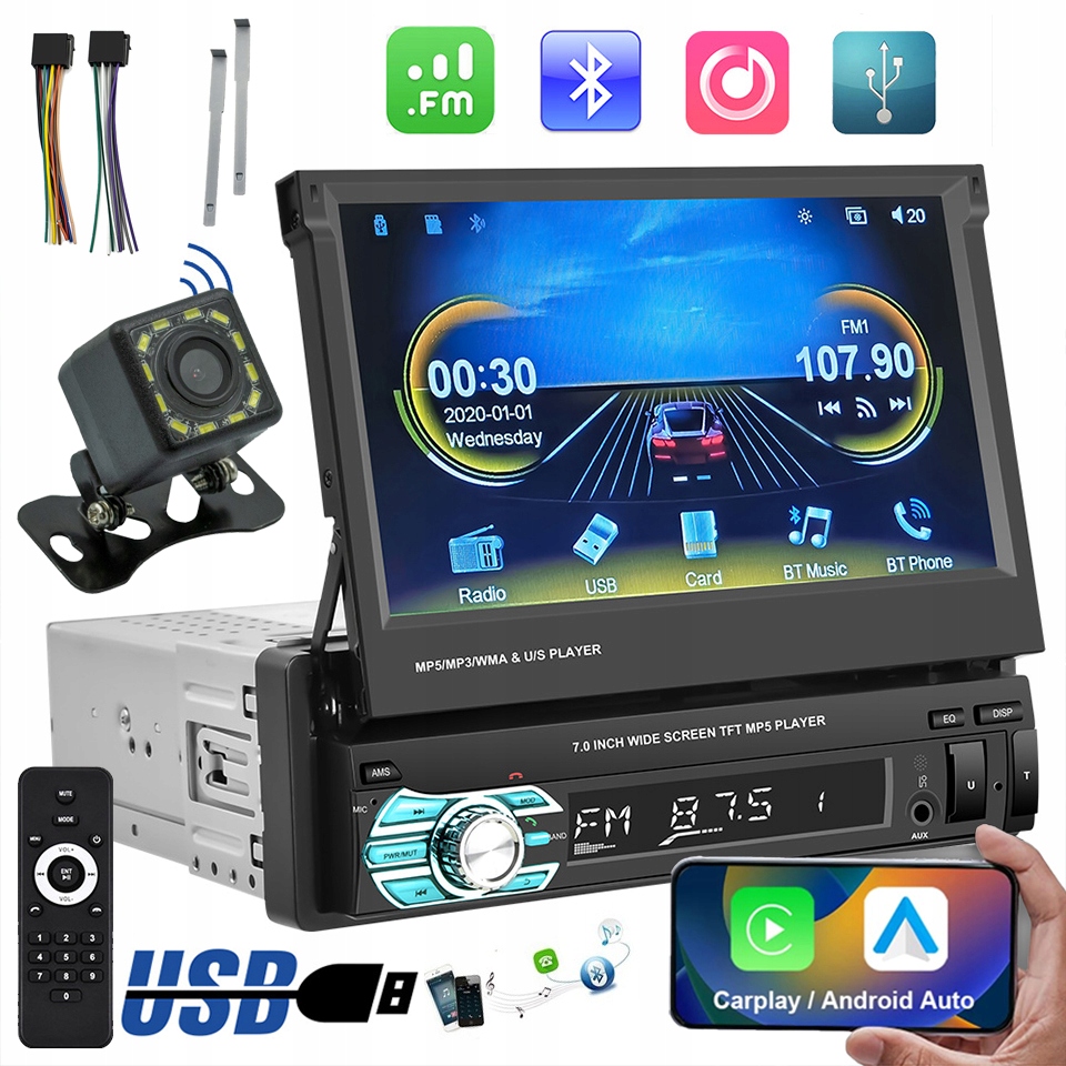 Autorádio 1-DIN 7 Palců Výsuvný Dotykový Displej Carplay Android Auto