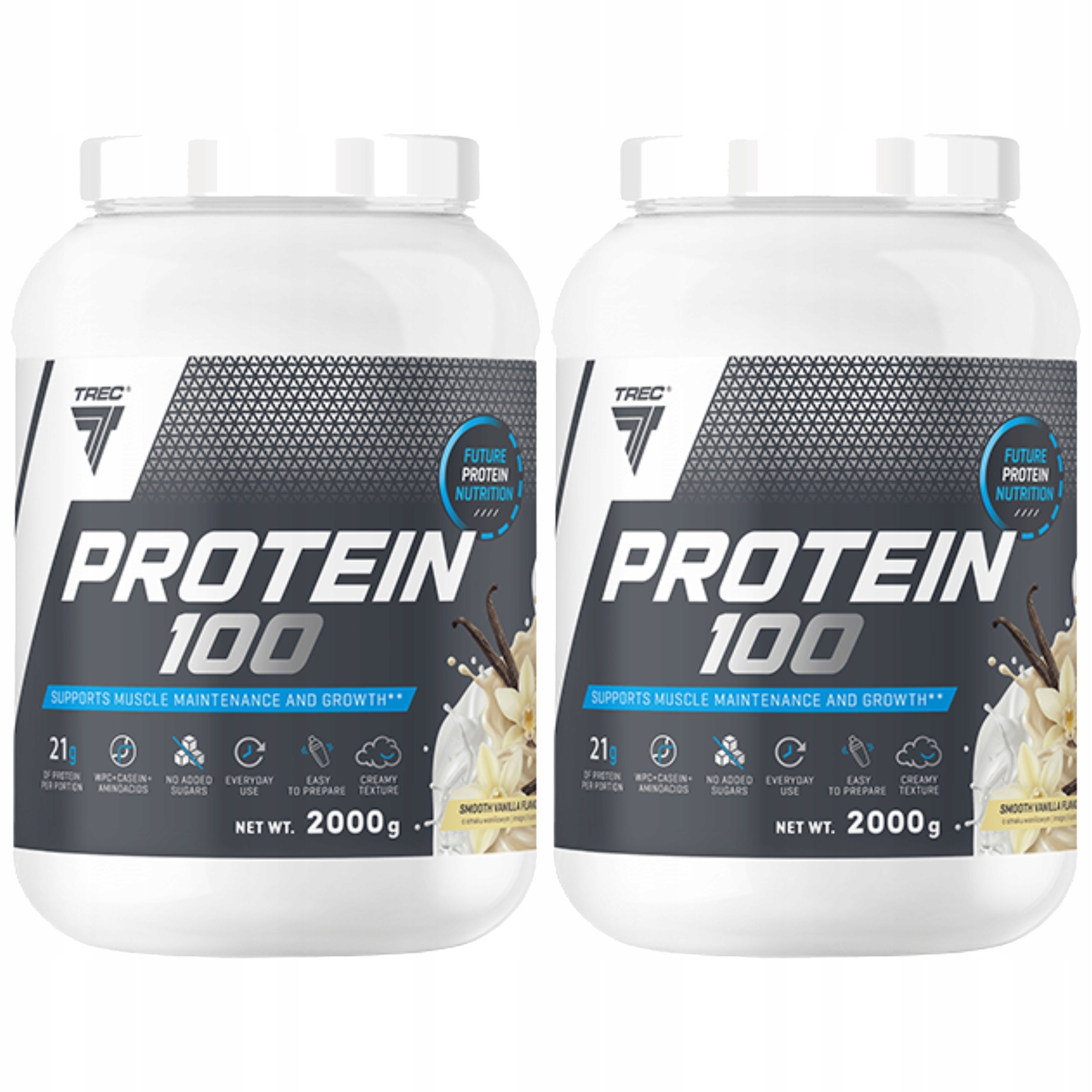 2x Bílkoviny Protein 100 Wpc Kazeinová hmota Svaly 2000 g Vanilka Trec