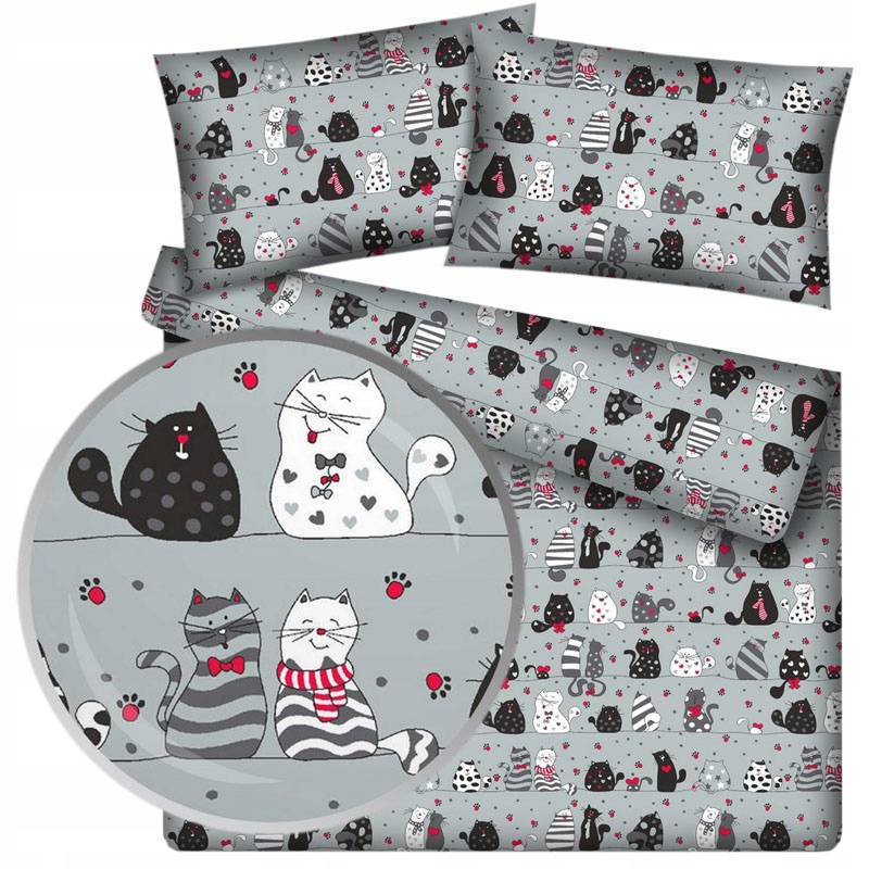 

Pościel szara w koty czarne z bawełny 160x200 cm
