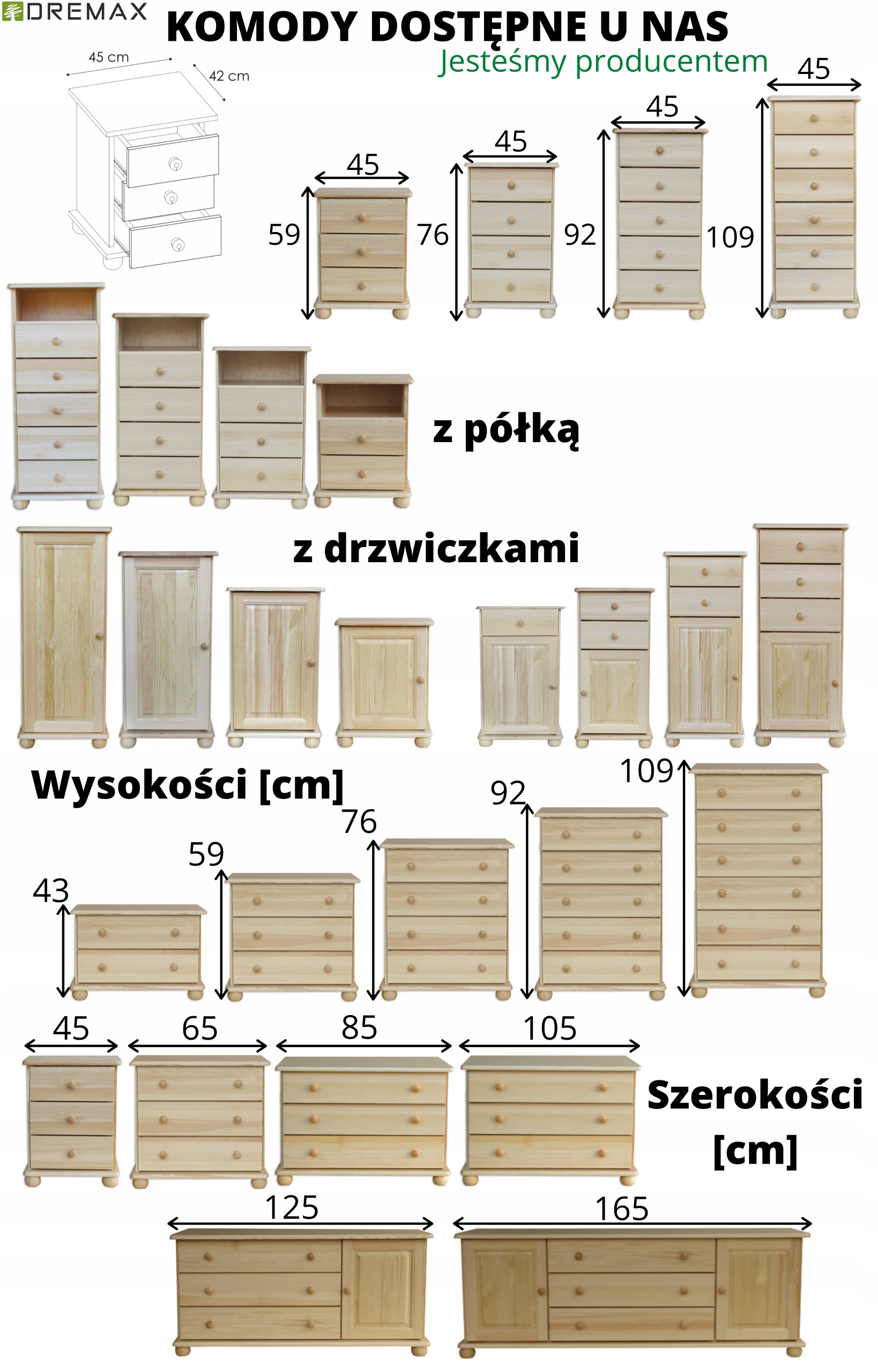 Komoda 49 z litego drewna sosnowego 105x42x92 Prod Kolor frontów sosna