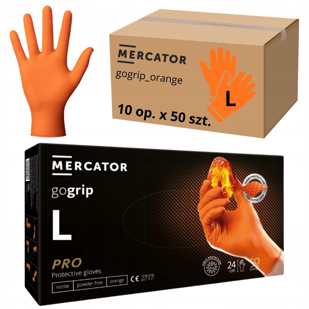 Rukavice Mercator Gogrip Nitrilové oranžové Oranžové 50 ks vel. L x 10 ks