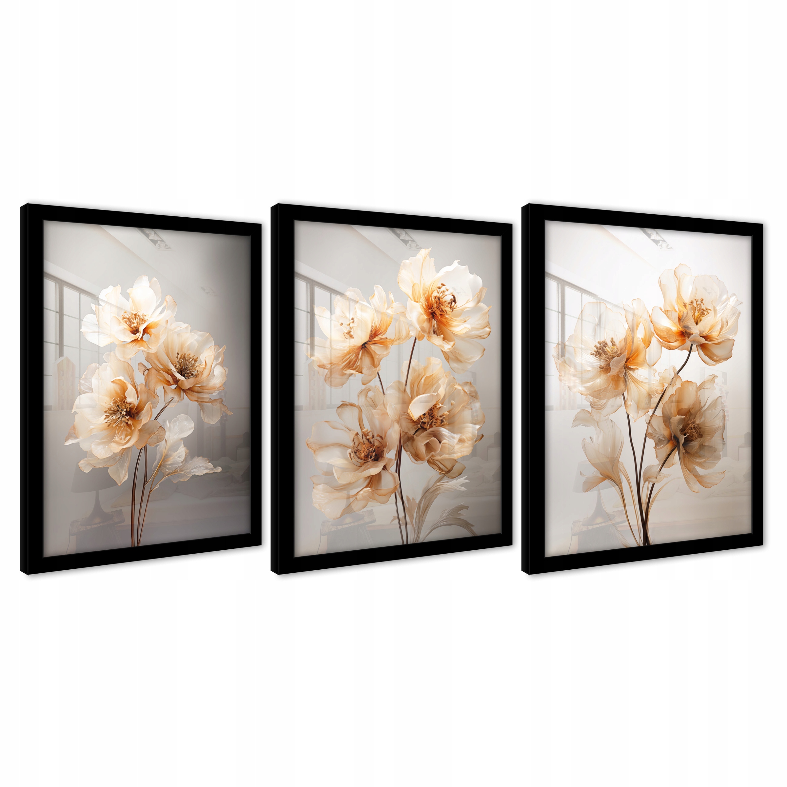 Plakáty Květiny Na Zeď V Černém Rámu Obrazy Triptych Moderní 43x99