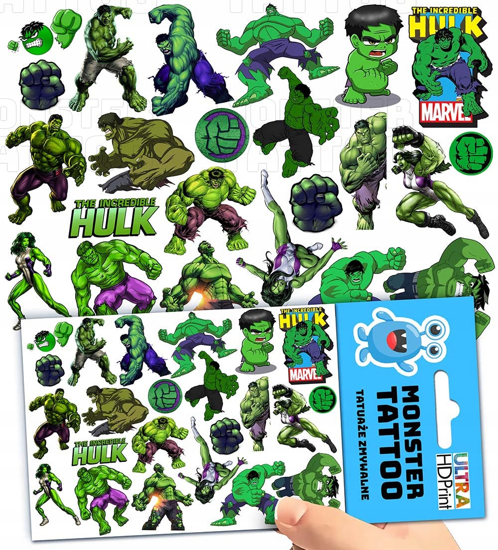 TATUAŻE ZMYWALNE TYMCZASOWE DLA DZIECI DZIECIĘCE HULK WZORY ORYGINALNE