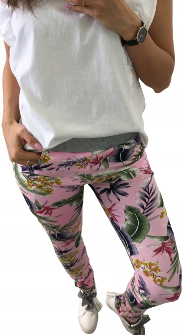 

Spodnie Benter Liście Palmy Kwiaty - Różowe r.M