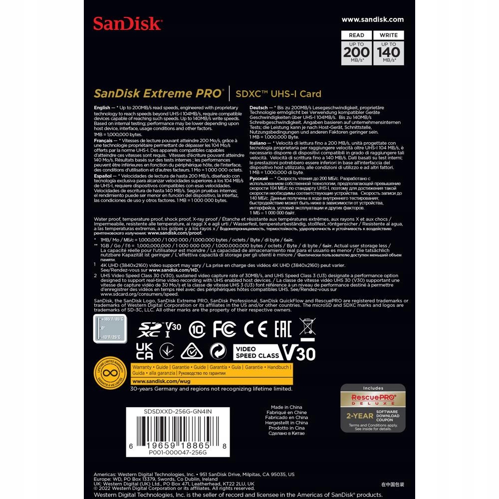 Sandisk SDXC EXTREME PRO 256GB 200MB/s UHSI V30 U3 Pojemność karty 256 GB