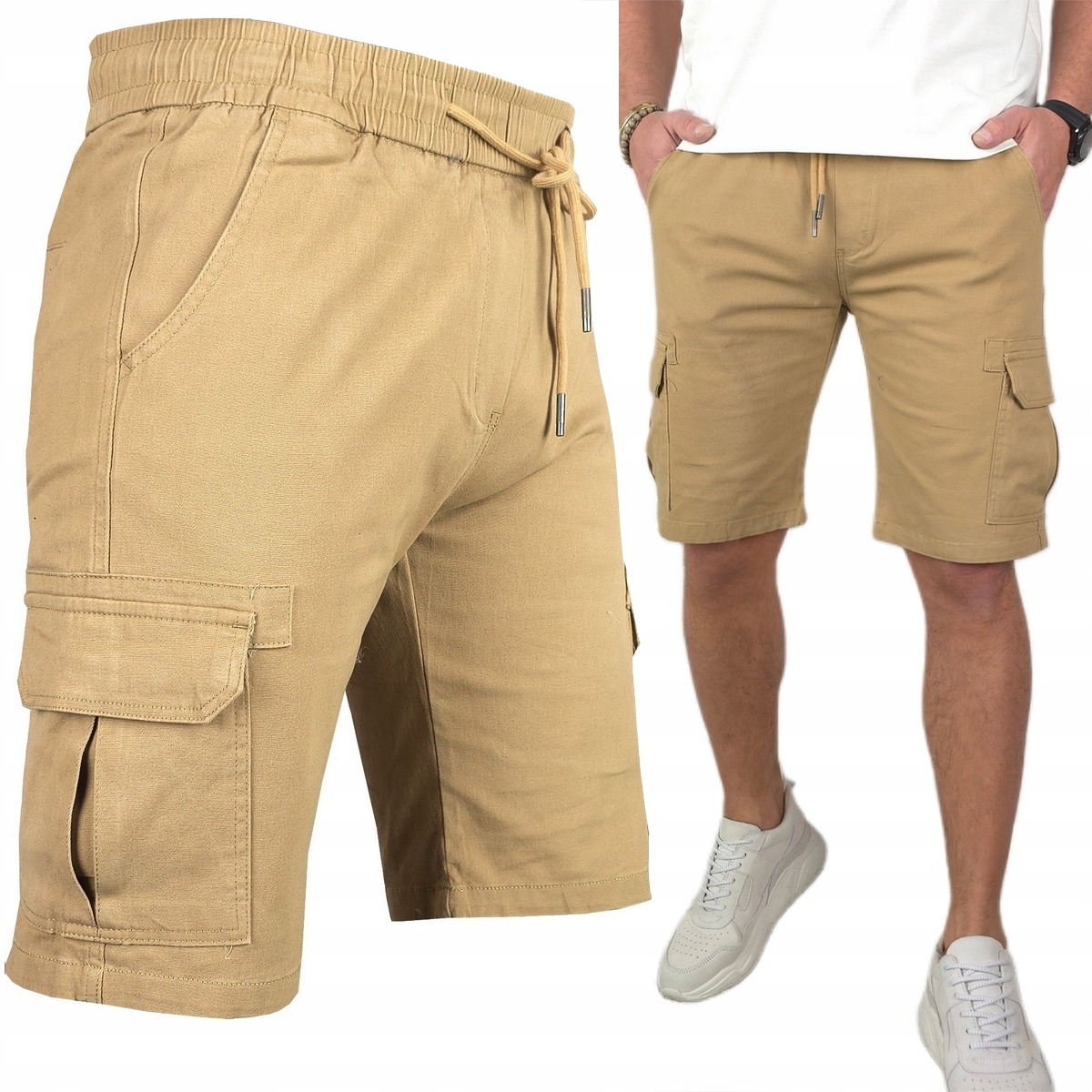 Spodenki męskie Jeansowe z 6 Kieszeniami krótkie spodnie Pas Z Gumką, L