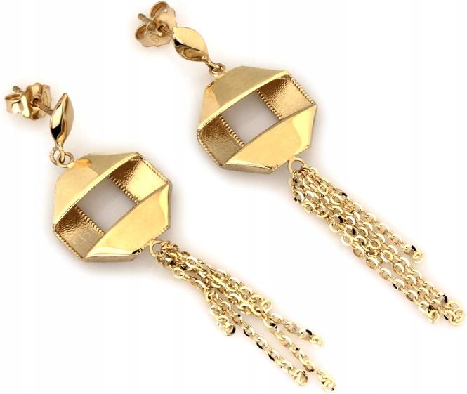 14k Zlaté náušnice 585 závěsné řetízky čtvercové prvky 4,33g dlouhé