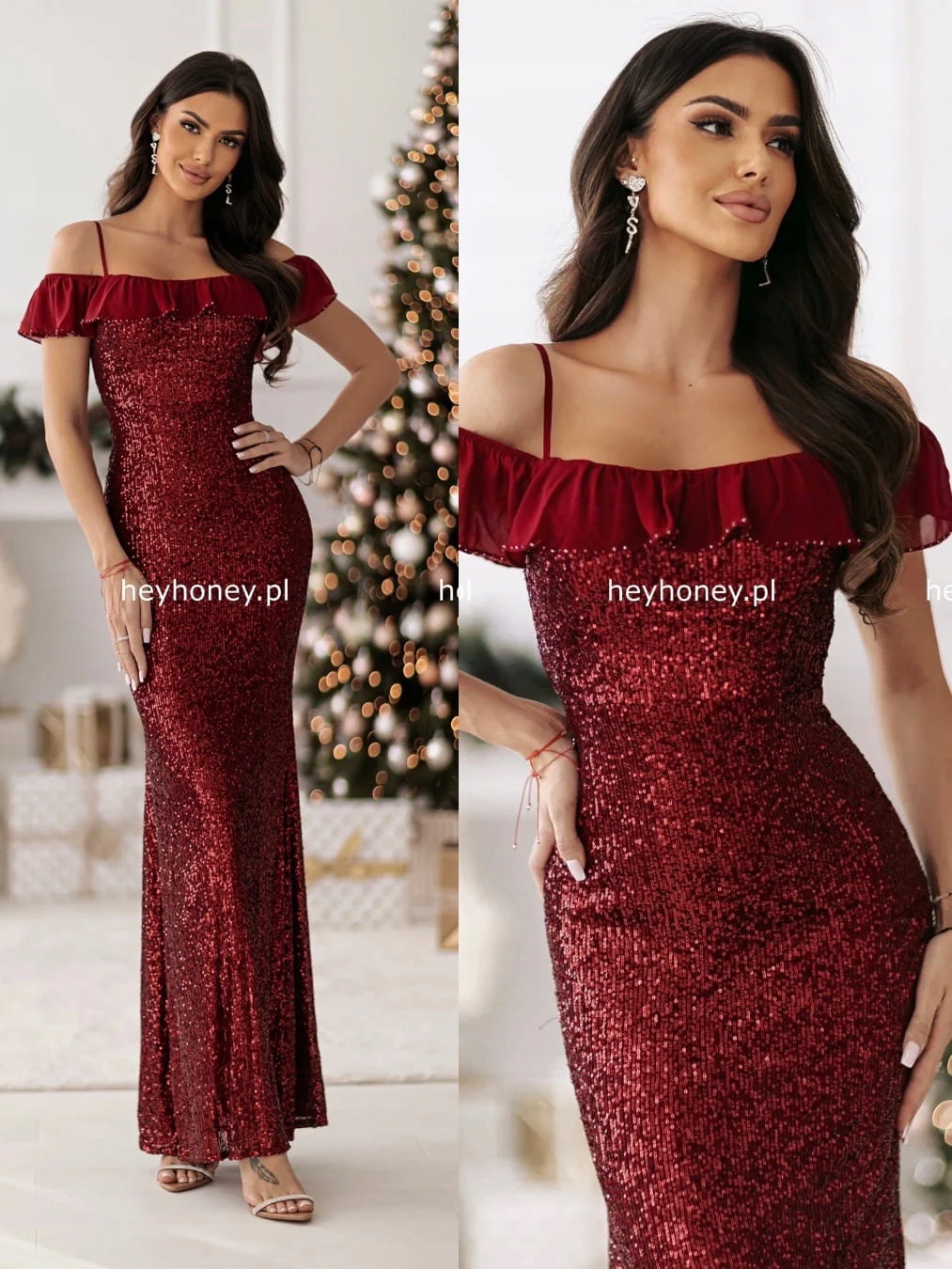 Šaty Flitrová Maxi s odhalenými rameny Červená Luminous L