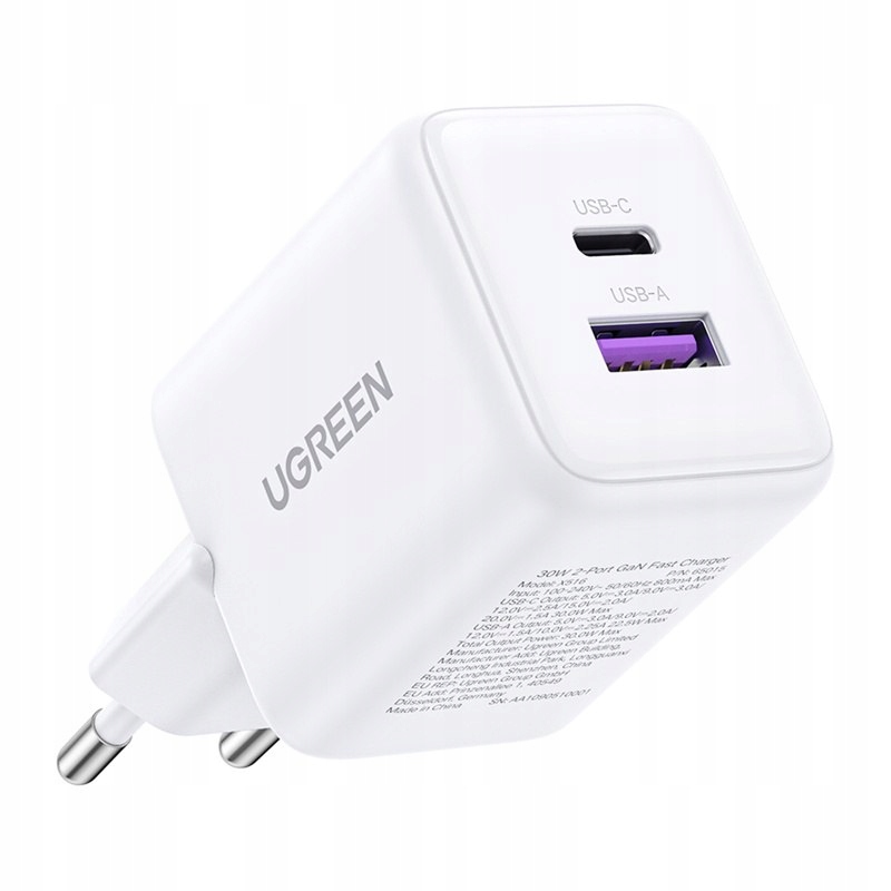 Ładowarka sieciowa Ugreen X516 Usb Usb-c, GaN, 30W (biała)