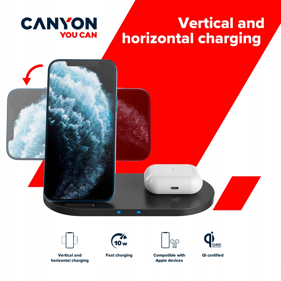 CANYON Ładowarka bezprzewodowa WS-202 10W 2w1 Czarna — 10
