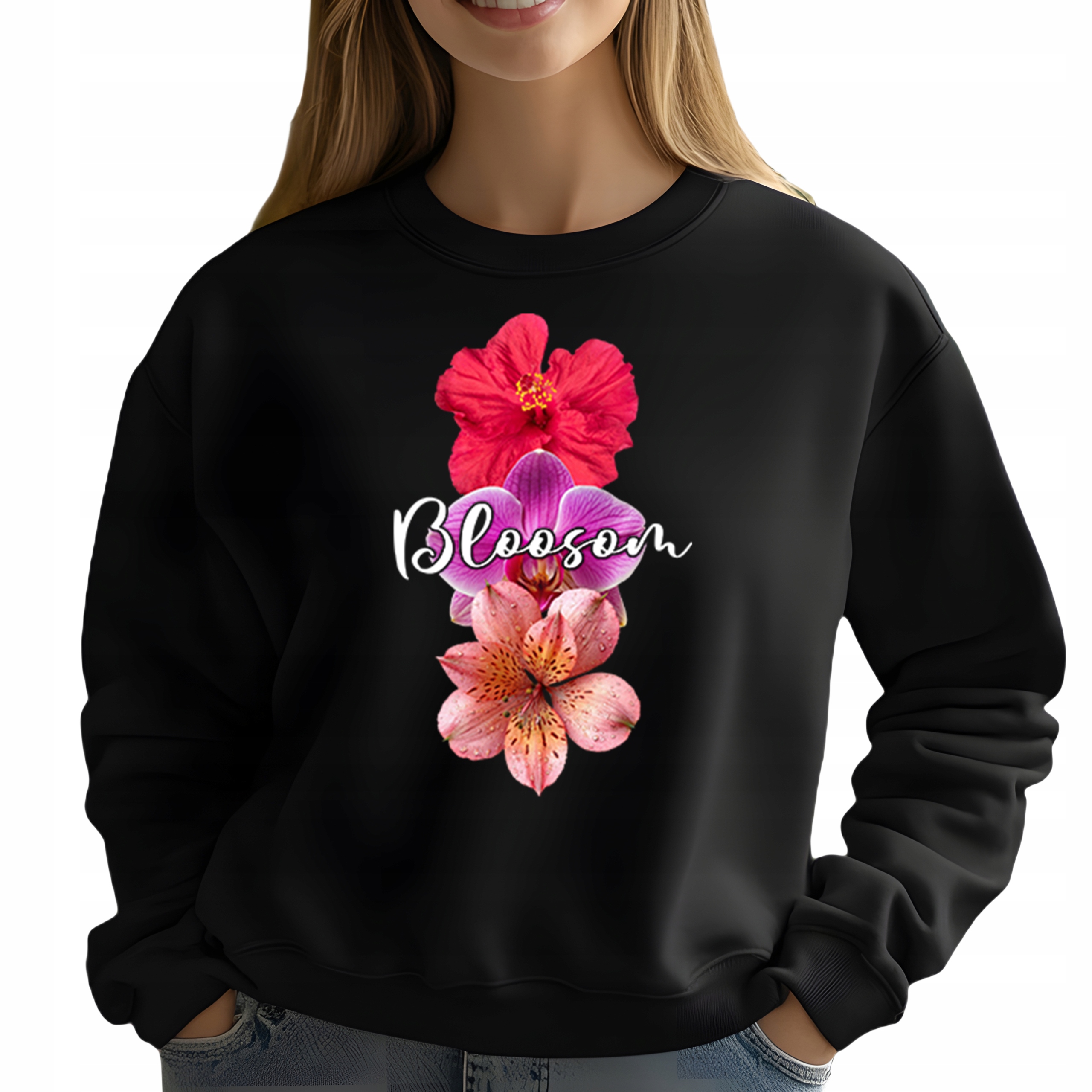 Mikina Bez Kapuce Černá Bavlněná Módní Elegantní Bloosom Vel XL