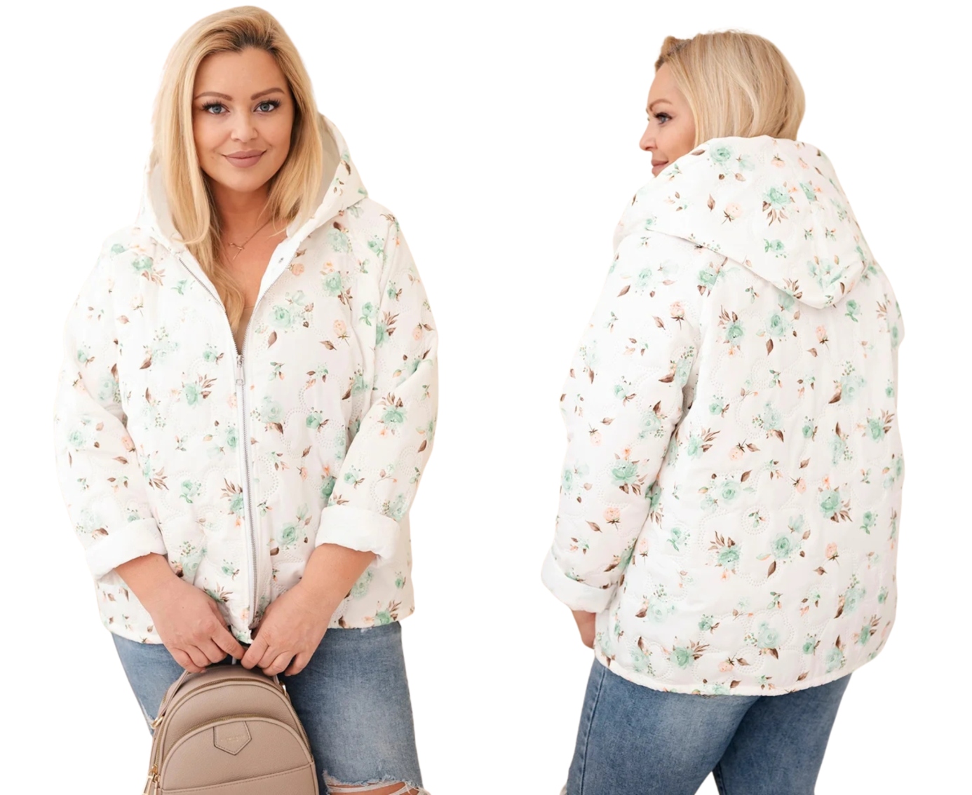 Mátová dámská bunda s kapucí Plus Size se zapínáním na zip Jarní
